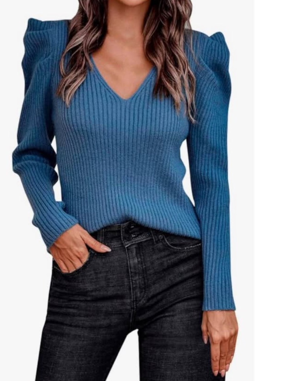 Ribbed V-Neck Puff Shoulder Sweater - Blue